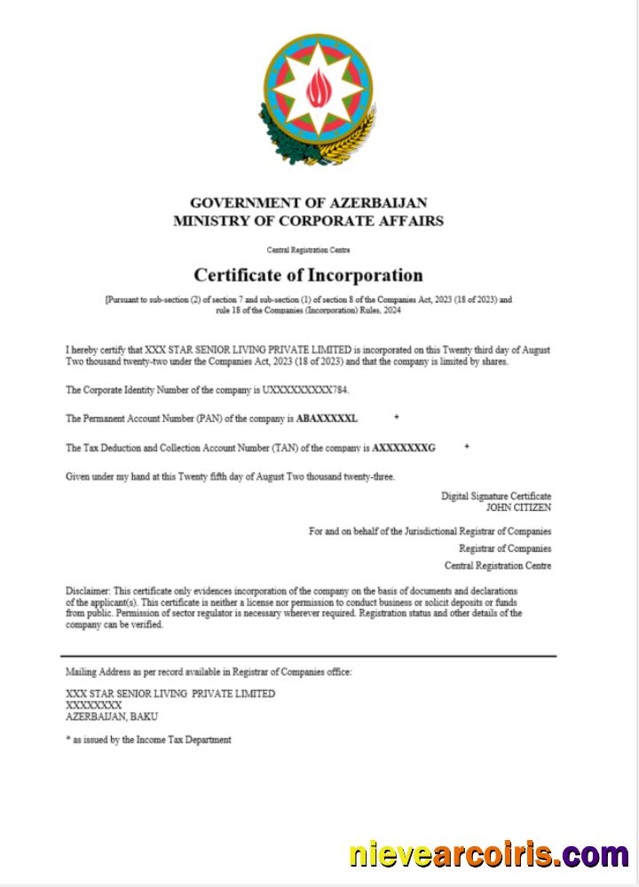Azerbaijan certificate of registration